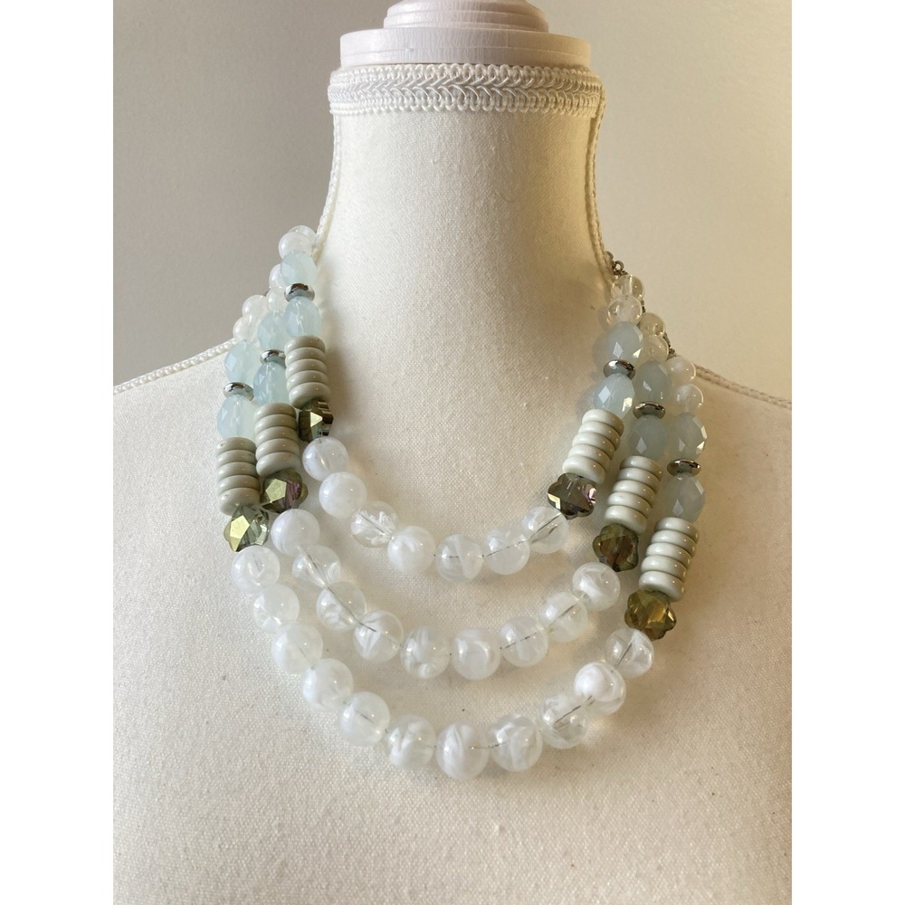 Romantic Multi Strand Beaded Necklace Chunky In Feminine Blue & White‎ Tones